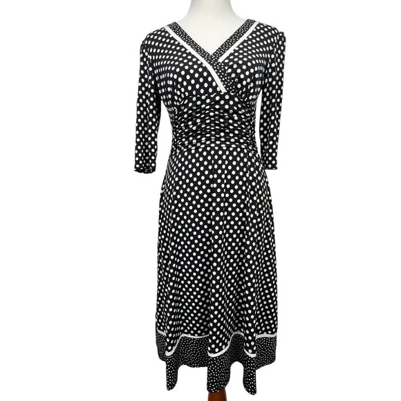 Sandra Darren Size 8 Polka Dot Black/White V Neck Rockabilly Swing Midi Dress - Picture 1 of 8